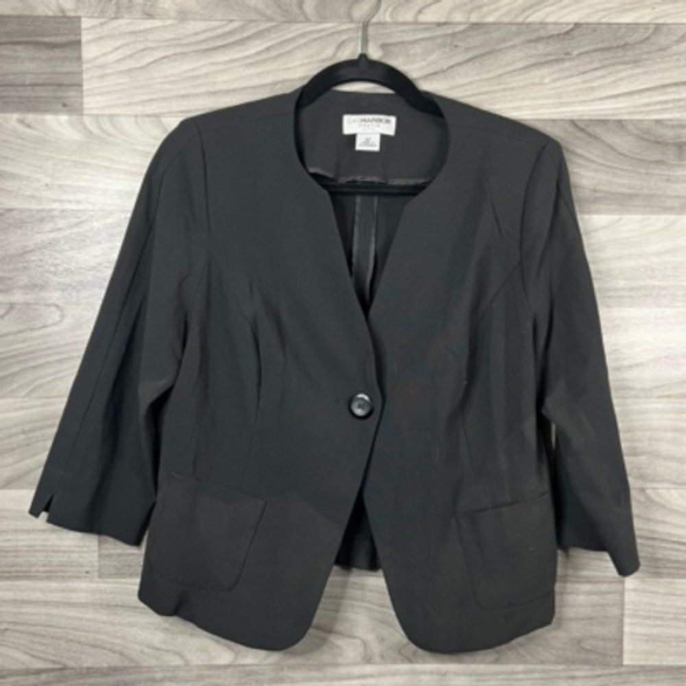 Sag Harbor Womens Suit Jacket Blazer Black Stretch 3/4 Sleeve Pockets Petites 8P